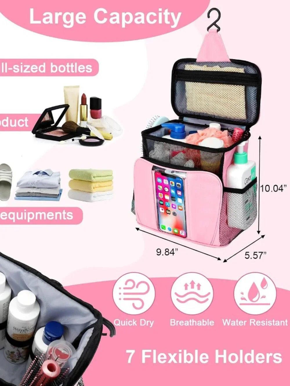 Pink Hanging Shower Caddy Bag Portable Dorm Gym Travel Organizer - NWOT